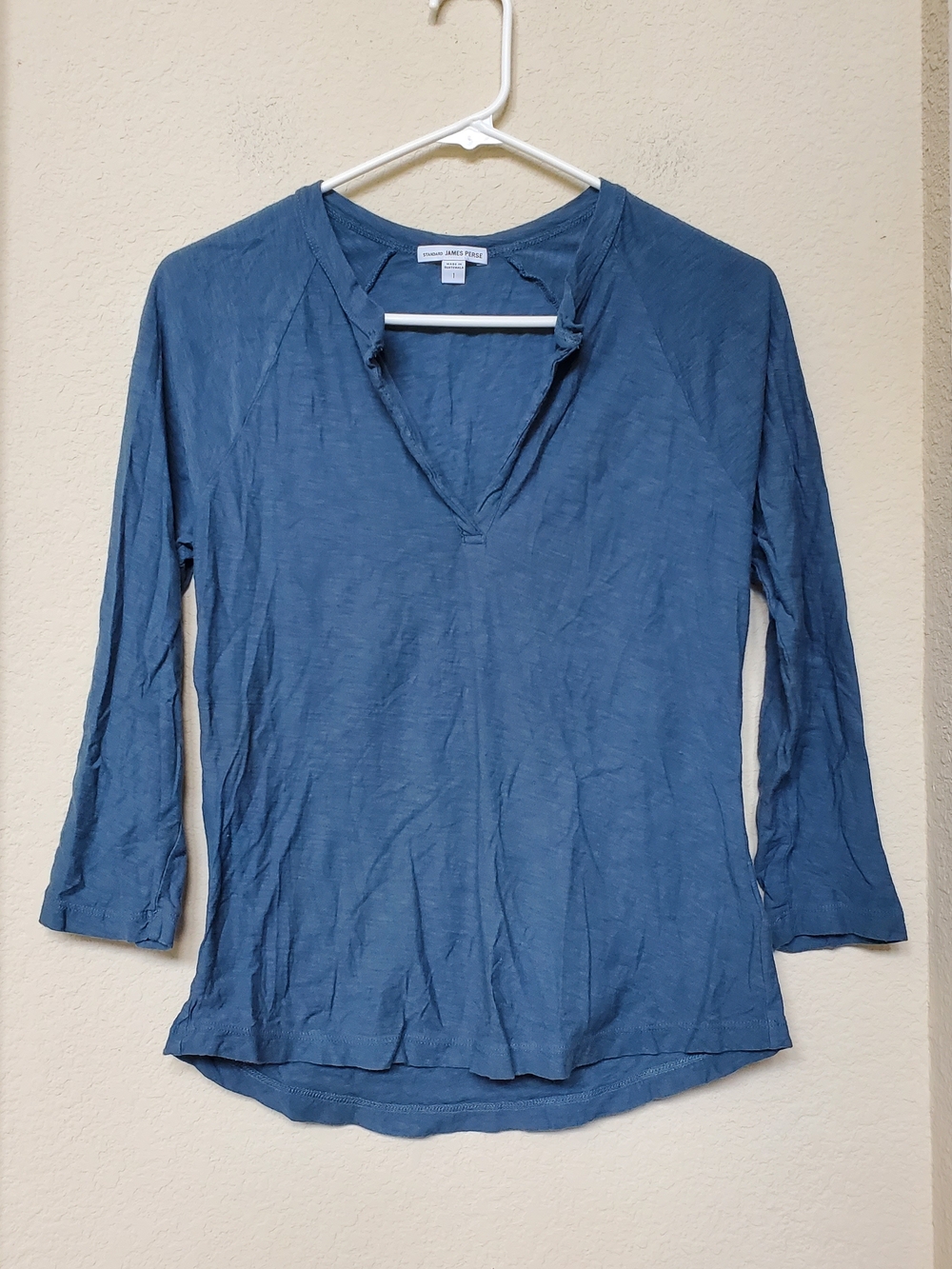 James Perse Slate Blue Notch V-Neck Long Sleeve Tee.  Size Small